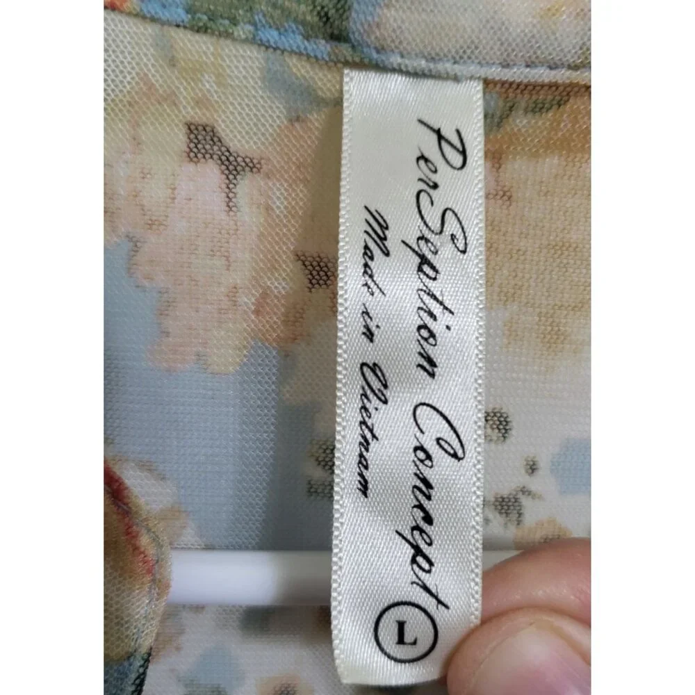 PERSEPTION CONCEPT Women's SZ Large Sheer Button Up Floral Blouse Top - Picture 4 of 8